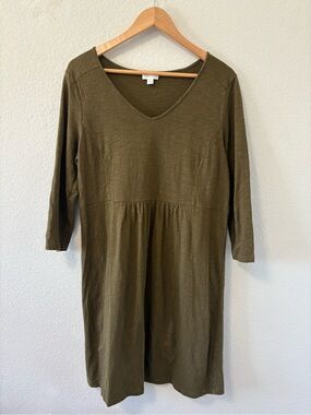J. Jill Olive Green Empire Waist Dress Medium 3/4 Sleeve Casual Midi Dress